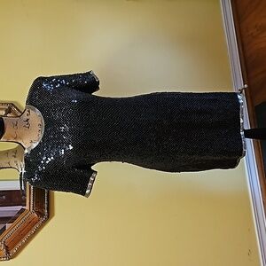Vintage Night Vogue Black sequin & silver beaded midi dress size Large
